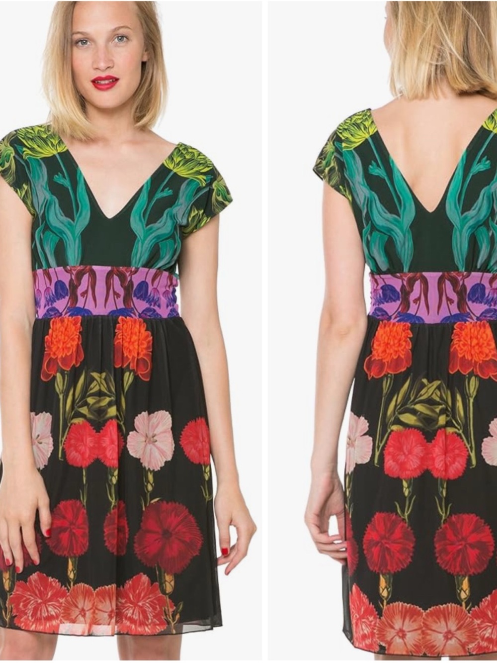 Desigual Black Floral V-Neck Dress with Purple Waistband and Green Accents